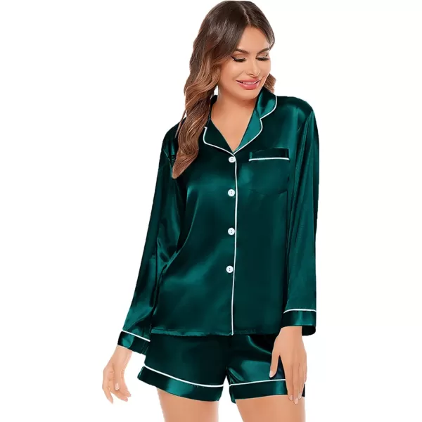 SWOMOG Womens Silk Satin Pajamas Set Long Sleeve Loungewear Twopiece Sleepwear ButtonDown Pj SetDeep Green