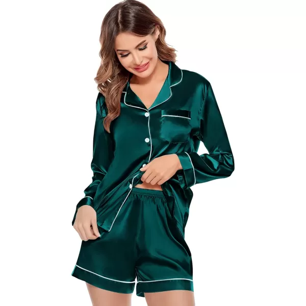 SWOMOG Womens Silk Satin Pajamas Set Long Sleeve Loungewear Twopiece Sleepwear ButtonDown Pj SetDeep Green