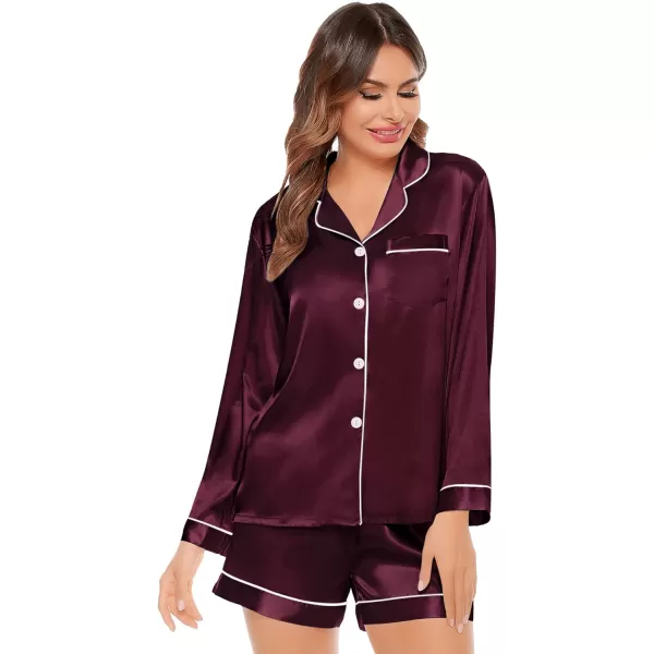 SWOMOG Womens Silk Satin Pajamas Set Long Sleeve Loungewear Twopiece Sleepwear ButtonDown Pj SetDeep Wine Red