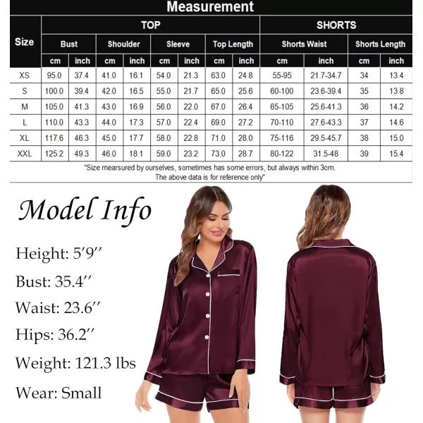 SWOMOG Womens Silk Satin Pajamas Set Long Sleeve Loungewear Twopiece Sleepwear ButtonDown Pj SetDeep Wine Red