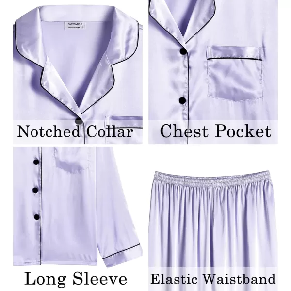 SWOMOG Womens Silk Satin Pajamas Set Long Sleeve Loungewear Twopiece Sleepwear ButtonDown Pj SetLavender