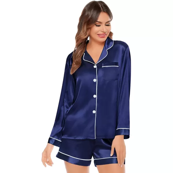 SWOMOG Womens Silk Satin Pajamas Set Long Sleeve Loungewear Twopiece Sleepwear ButtonDown Pj SetNavy Blue