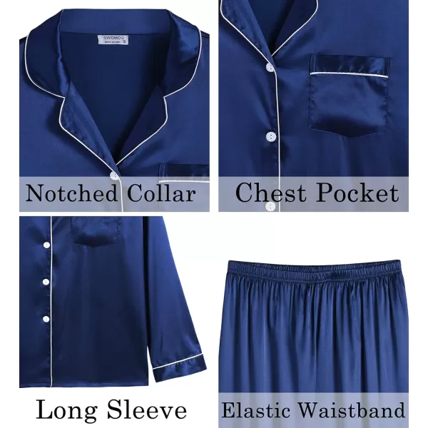 SWOMOG Womens Silk Satin Pajamas Set Long Sleeve Loungewear Twopiece Sleepwear ButtonDown Pj SetNavy Blue