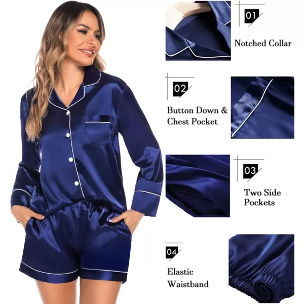 SWOMOG Womens Silk Satin Pajamas Set Long Sleeve Loungewear Twopiece Sleepwear ButtonDown Pj SetNavy Blue Wide Trim  Pockets