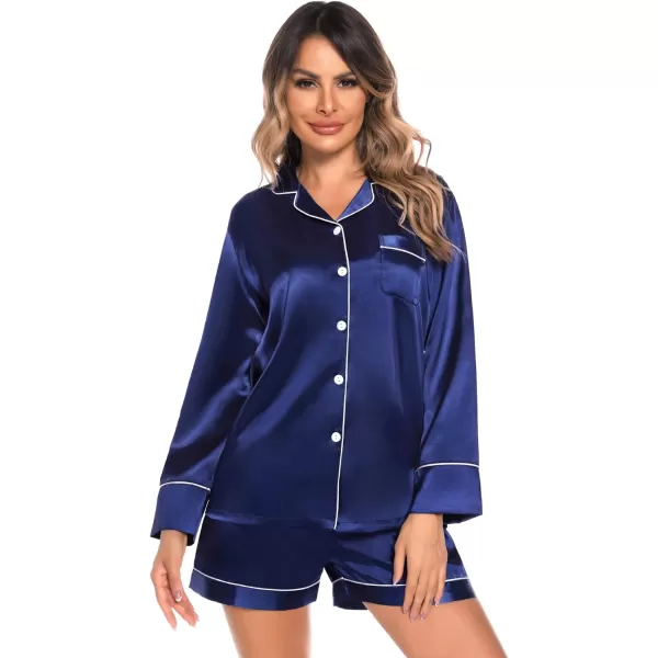 SWOMOG Womens Silk Satin Pajamas Set Long Sleeve Loungewear Twopiece Sleepwear ButtonDown Pj SetNavy Blue Wide Trim  Pockets