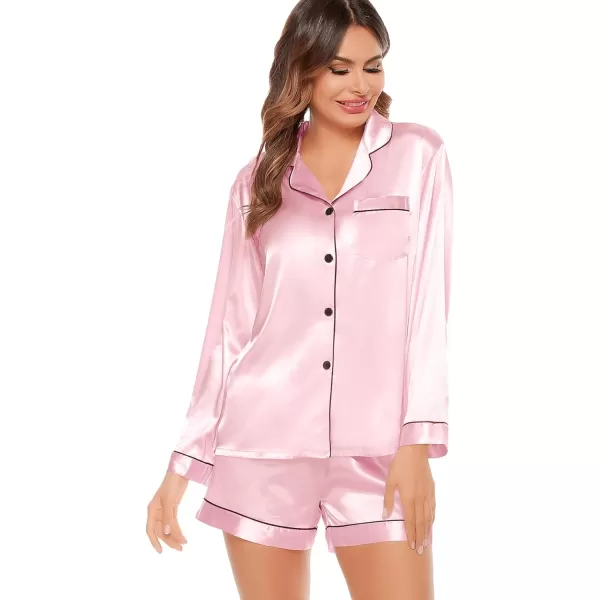 SWOMOG Womens Silk Satin Pajamas Set Long Sleeve Loungewear Twopiece Sleepwear ButtonDown Pj SetPink