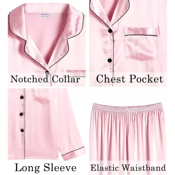 SWOMOG Womens Silk Satin Pajamas Set Long Sleeve Loungewear Twopiece Sleepwear ButtonDown Pj SetPink