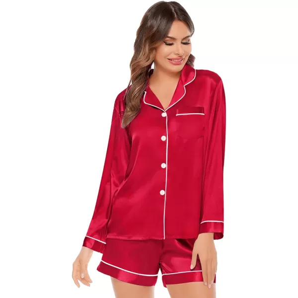 SWOMOG Womens Silk Satin Pajamas Set Long Sleeve Loungewear Twopiece Sleepwear ButtonDown Pj SetRed