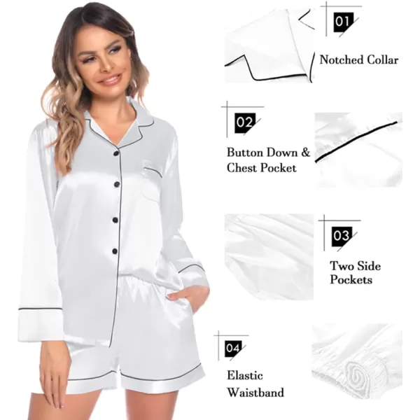 SWOMOG Womens Silk Satin Pajamas Set Long Sleeve Loungewear Twopiece Sleepwear ButtonDown Pj SetWhite Wide Trim  Pockets