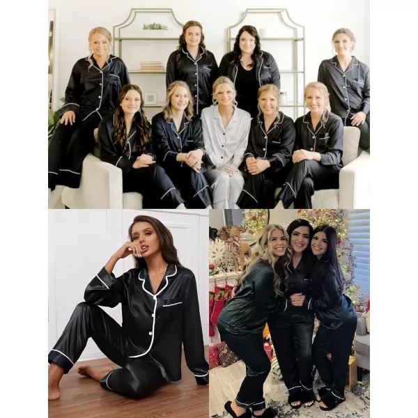 SWOMOG Womens Silk Satin Pajamas Set Long Sleeve Sleepwear Soft Button Down Loungewear 2 Piece Lace PjBlack