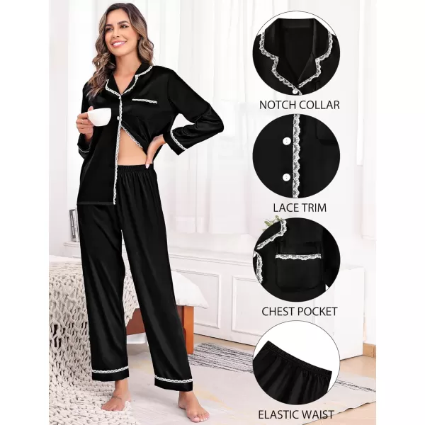 SWOMOG Womens Silk Satin Pajamas Set Long Sleeve Sleepwear Soft Button Down Loungewear 2 Piece Lace PjBlack