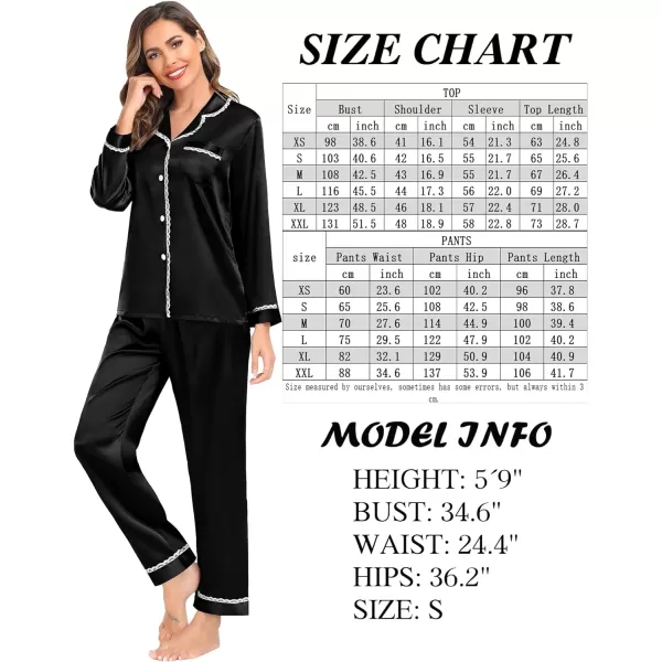 SWOMOG Womens Silk Satin Pajamas Set Long Sleeve Sleepwear Soft Button Down Loungewear 2 Piece Lace PjBlack