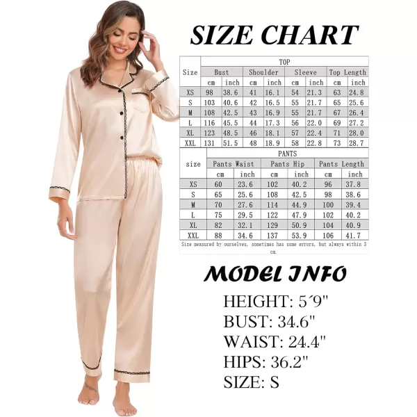 SWOMOG Womens Silk Satin Pajamas Set Long Sleeve Sleepwear Soft Button Down Loungewear 2 Piece Lace PjChampagne