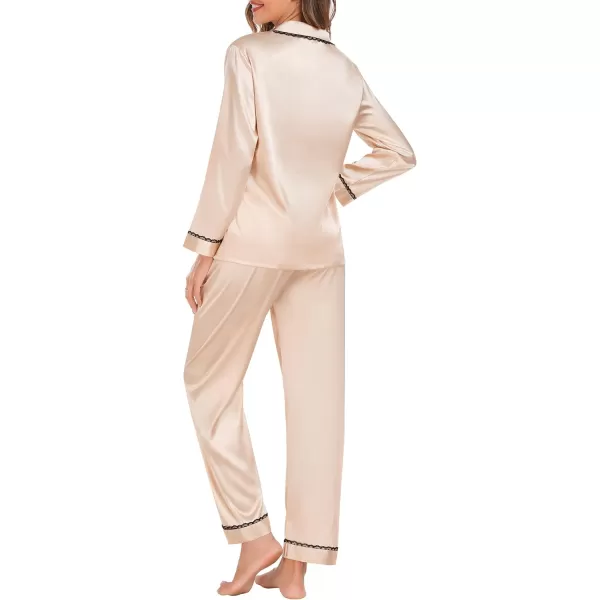 SWOMOG Womens Silk Satin Pajamas Set Long Sleeve Sleepwear Soft Button Down Loungewear 2 Piece Lace PjChampagne