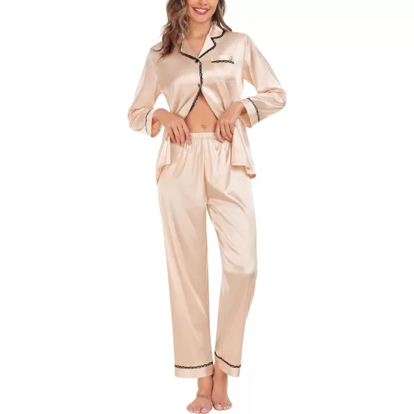 SWOMOG Womens Silk Satin Pajamas Set Long Sleeve Sleepwear Soft Button Down Loungewear 2 Piece Lace PjChampagne