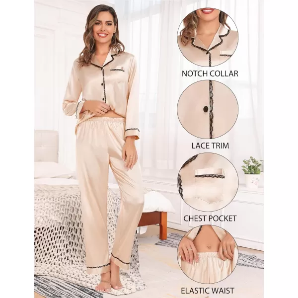 SWOMOG Womens Silk Satin Pajamas Set Long Sleeve Sleepwear Soft Button Down Loungewear 2 Piece Lace PjChampagne