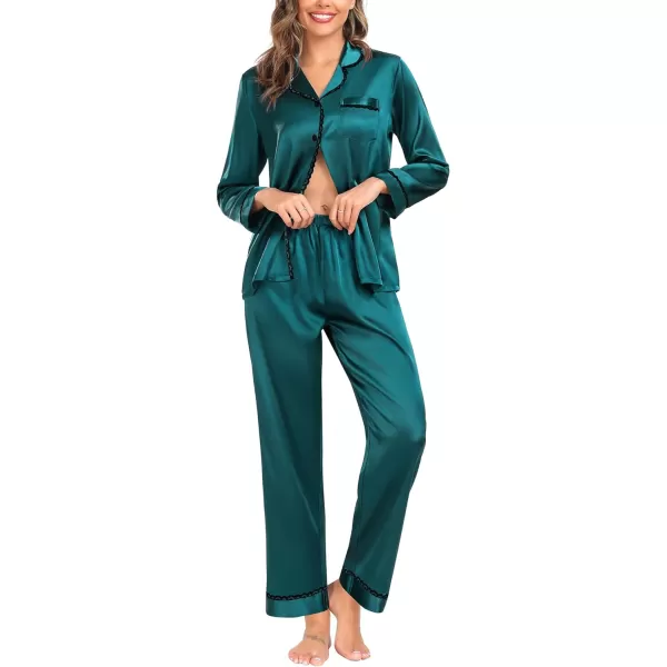 SWOMOG Womens Silk Satin Pajamas Set Long Sleeve Sleepwear Soft Button Down Loungewear 2 Piece Lace PjGreen