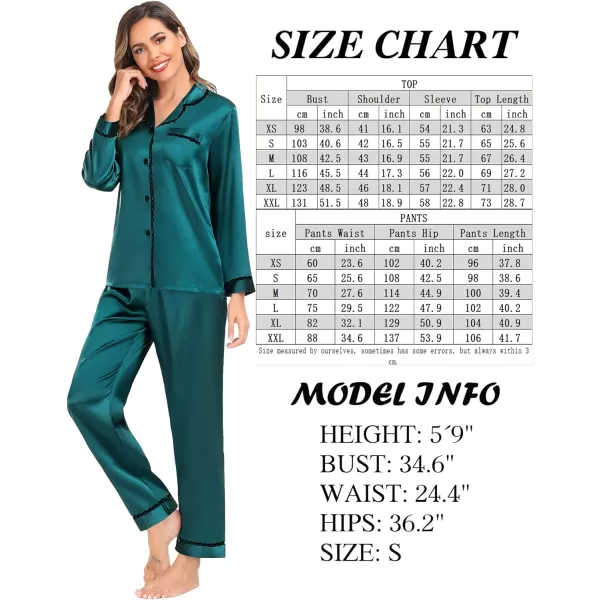 SWOMOG Womens Silk Satin Pajamas Set Long Sleeve Sleepwear Soft Button Down Loungewear 2 Piece Lace PjGreen