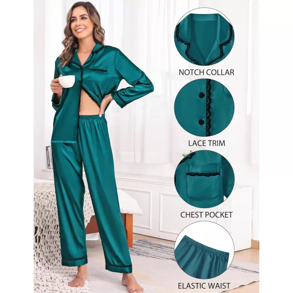 SWOMOG Womens Silk Satin Pajamas Set Long Sleeve Sleepwear Soft Button Down Loungewear 2 Piece Lace PjGreen