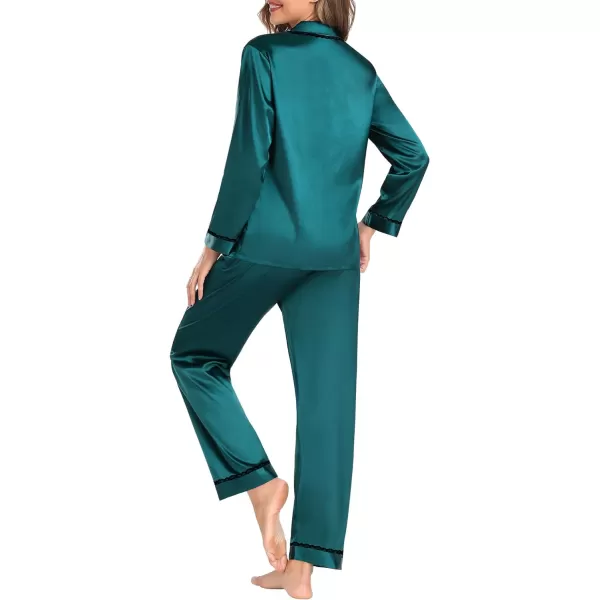 SWOMOG Womens Silk Satin Pajamas Set Long Sleeve Sleepwear Soft Button Down Loungewear 2 Piece Lace PjGreen