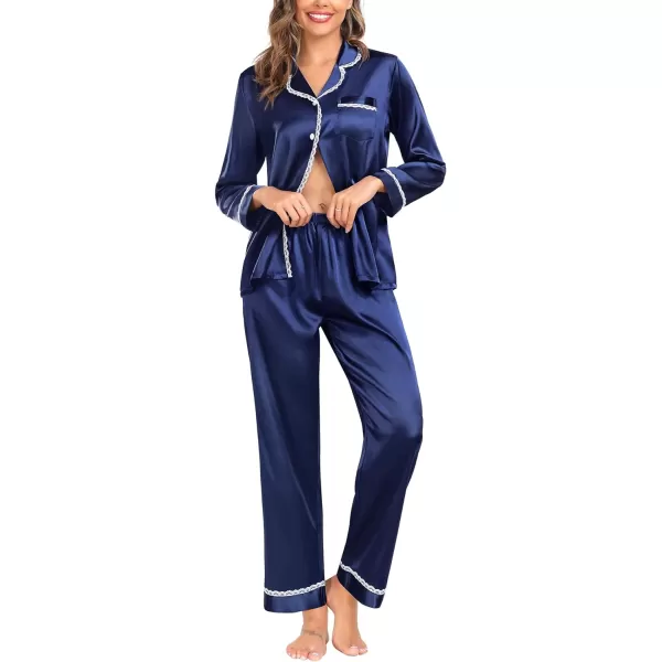 SWOMOG Womens Silk Satin Pajamas Set Long Sleeve Sleepwear Soft Button Down Loungewear 2 Piece Lace PjNavy Blue