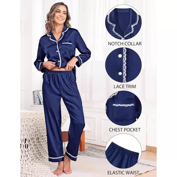 SWOMOG Womens Silk Satin Pajamas Set Long Sleeve Sleepwear Soft Button Down Loungewear 2 Piece Lace PjNavy Blue