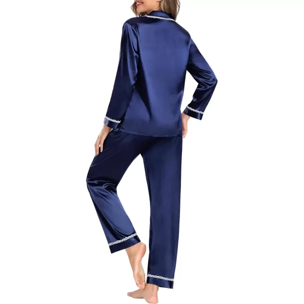SWOMOG Womens Silk Satin Pajamas Set Long Sleeve Sleepwear Soft Button Down Loungewear 2 Piece Lace PjNavy Blue