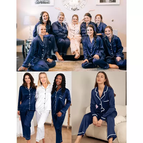 SWOMOG Womens Silk Satin Pajamas Set Long Sleeve Sleepwear Soft Button Down Loungewear 2 Piece Lace PjNavy Blue