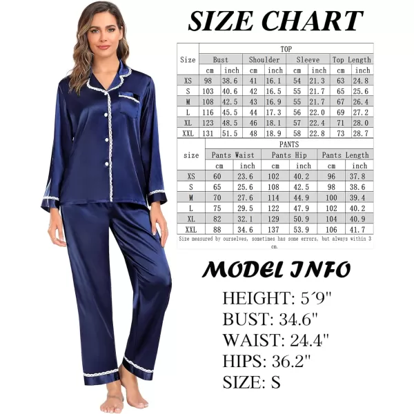 SWOMOG Womens Silk Satin Pajamas Set Long Sleeve Sleepwear Soft Button Down Loungewear 2 Piece Lace PjNavy Blue
