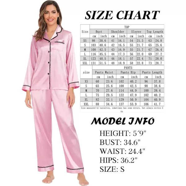 SWOMOG Womens Silk Satin Pajamas Set Long Sleeve Sleepwear Soft Button Down Loungewear 2 Piece Lace PjPink