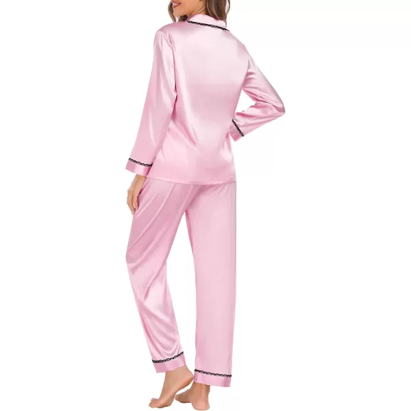 SWOMOG Womens Silk Satin Pajamas Set Long Sleeve Sleepwear Soft Button Down Loungewear 2 Piece Lace PjPink