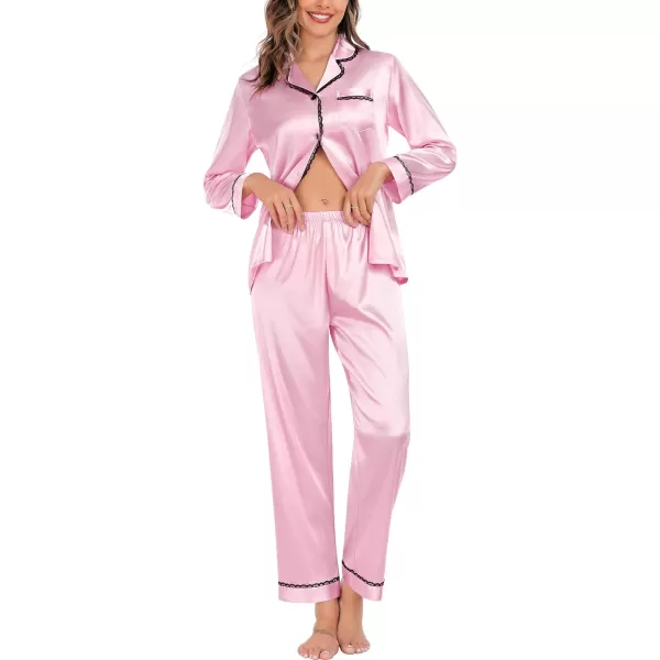 SWOMOG Womens Silk Satin Pajamas Set Long Sleeve Sleepwear Soft Button Down Loungewear 2 Piece Lace PjPink