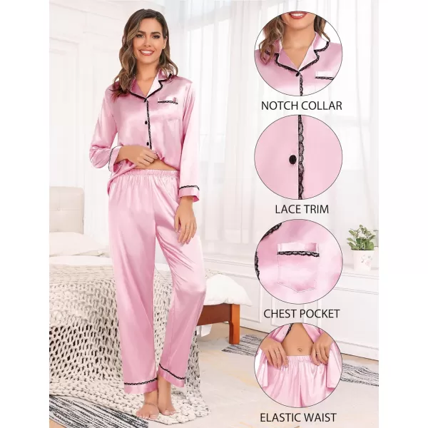 SWOMOG Womens Silk Satin Pajamas Set Long Sleeve Sleepwear Soft Button Down Loungewear 2 Piece Lace PjPink