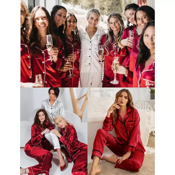 SWOMOG Womens Silk Satin Pajamas Set Long Sleeve Sleepwear Soft Button Down Loungewear 2 Piece Lace PjRed