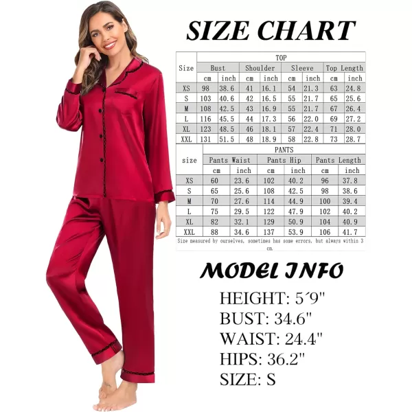 SWOMOG Womens Silk Satin Pajamas Set Long Sleeve Sleepwear Soft Button Down Loungewear 2 Piece Lace PjRed