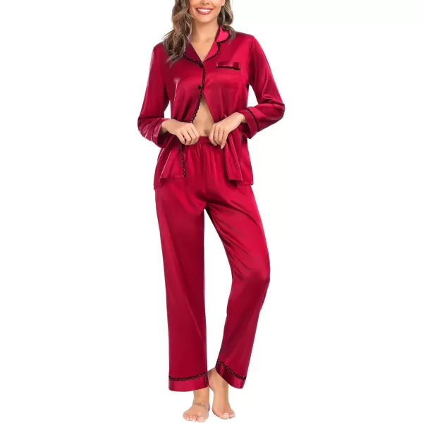 SWOMOG Womens Silk Satin Pajamas Set Long Sleeve Sleepwear Soft Button Down Loungewear 2 Piece Lace PjRed