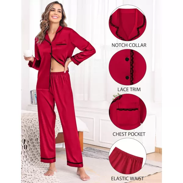 SWOMOG Womens Silk Satin Pajamas Set Long Sleeve Sleepwear Soft Button Down Loungewear 2 Piece Lace PjRed