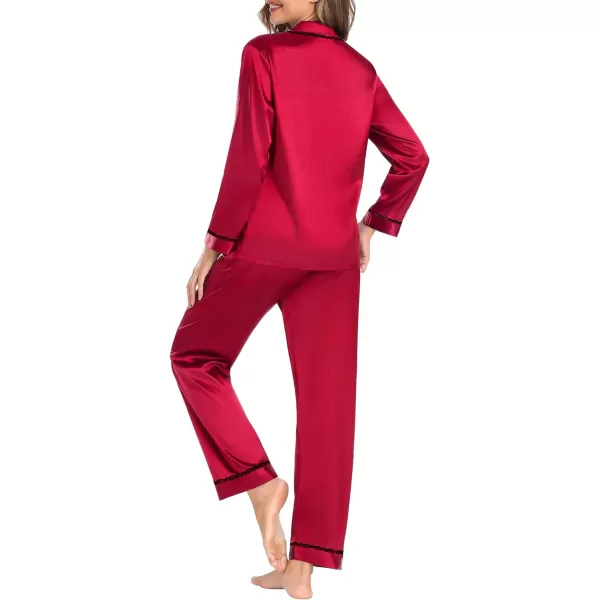 SWOMOG Womens Silk Satin Pajamas Set Long Sleeve Sleepwear Soft Button Down Loungewear 2 Piece Lace PjRed