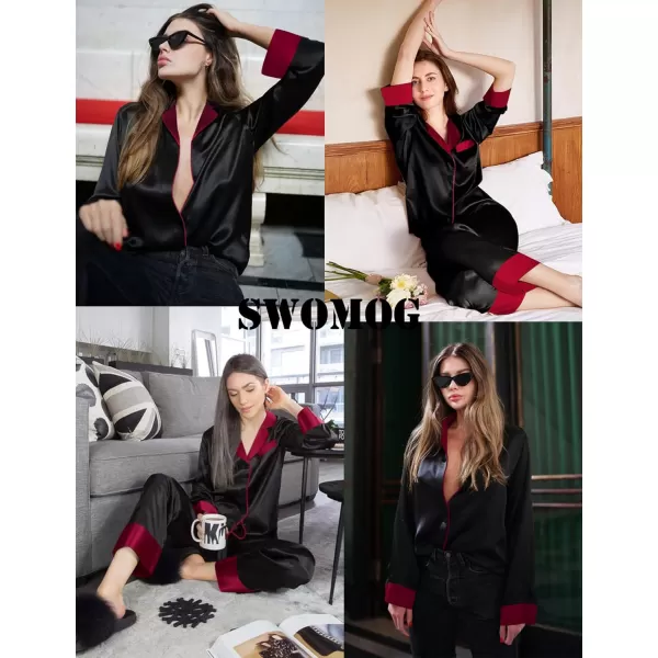 SWOMOG Womens Silk Satin Pajamas Set Long Sleeve Sleepwear Two Pieces Loungewear Set ButtonDown Contrast Pjs SetBlack