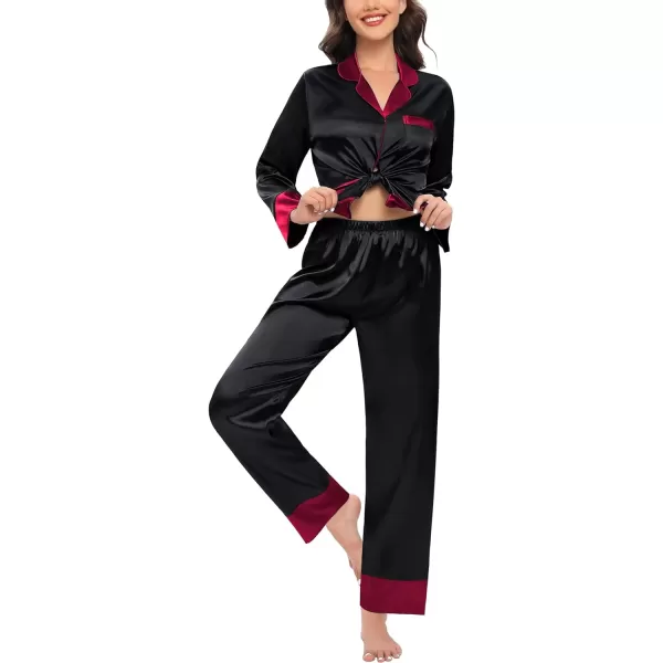 SWOMOG Womens Silk Satin Pajamas Set Long Sleeve Sleepwear Two Pieces Loungewear Set ButtonDown Contrast Pjs SetBlack