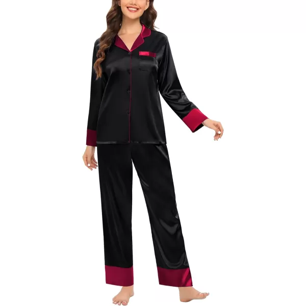 SWOMOG Womens Silk Satin Pajamas Set Long Sleeve Sleepwear Two Pieces Loungewear Set ButtonDown Contrast Pjs SetBlack