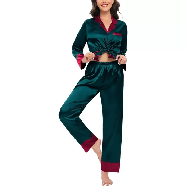 SWOMOG Womens Silk Satin Pajamas Set Long Sleeve Sleepwear Two Pieces Loungewear Set ButtonDown Contrast Pjs SetDeep Green