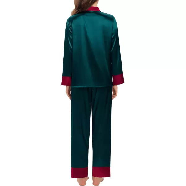 SWOMOG Womens Silk Satin Pajamas Set Long Sleeve Sleepwear Two Pieces Loungewear Set ButtonDown Contrast Pjs SetDeep Green