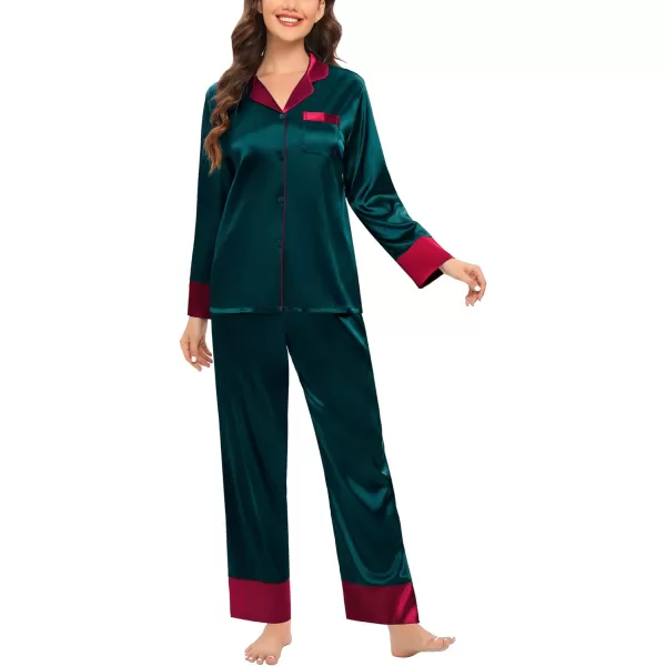 SWOMOG Womens Silk Satin Pajamas Set Long Sleeve Sleepwear Two Pieces Loungewear Set ButtonDown Contrast Pjs SetDeep Green