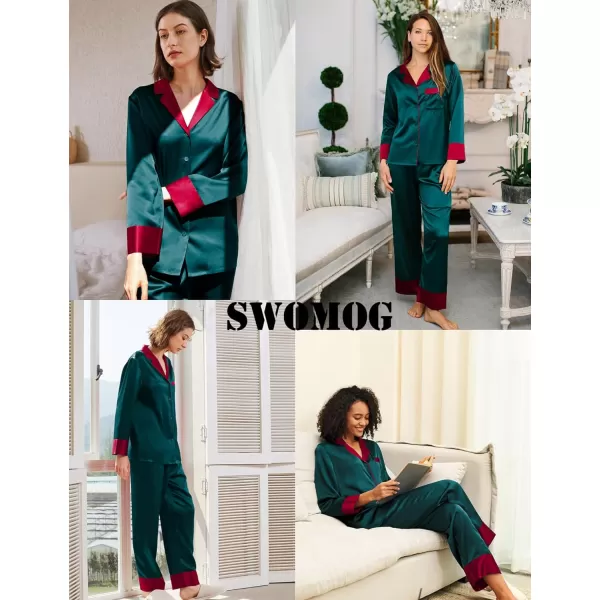 SWOMOG Womens Silk Satin Pajamas Set Long Sleeve Sleepwear Two Pieces Loungewear Set ButtonDown Contrast Pjs SetDeep Green