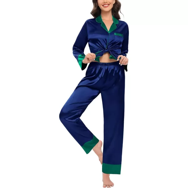 SWOMOG Womens Silk Satin Pajamas Set Long Sleeve Sleepwear Two Pieces Loungewear Set ButtonDown Contrast Pjs SetNavy Blue