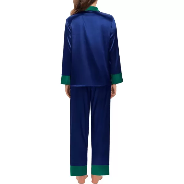 SWOMOG Womens Silk Satin Pajamas Set Long Sleeve Sleepwear Two Pieces Loungewear Set ButtonDown Contrast Pjs SetNavy Blue