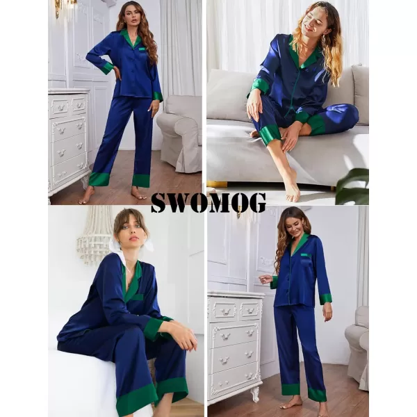 SWOMOG Womens Silk Satin Pajamas Set Long Sleeve Sleepwear Two Pieces Loungewear Set ButtonDown Contrast Pjs SetNavy Blue