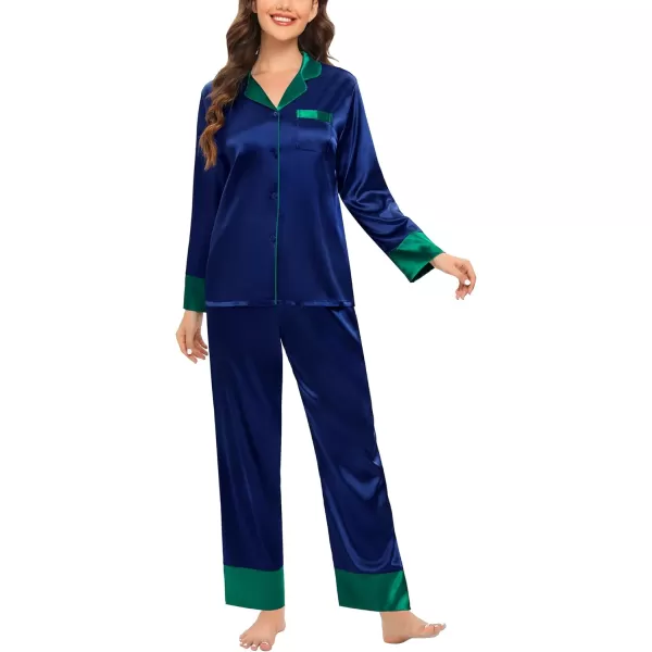 SWOMOG Womens Silk Satin Pajamas Set Long Sleeve Sleepwear Two Pieces Loungewear Set ButtonDown Contrast Pjs SetNavy Blue