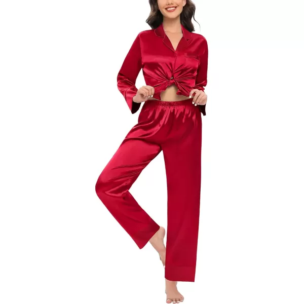 SWOMOG Womens Silk Satin Pajamas Set Long Sleeve Sleepwear Two Pieces Loungewear Set ButtonDown Contrast Pjs SetRed